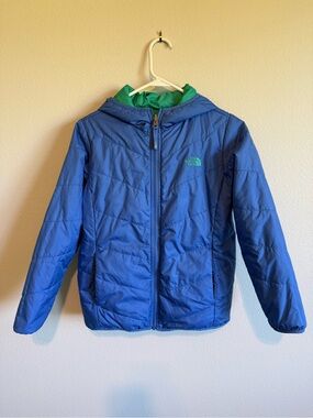 The North Face Kids Blue Puffer Jacket with Green Hood Lining Reversible